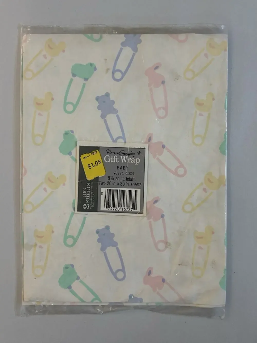 Vtg 90s Gibson Pleasant Thoughts Baby Gift-Wrap Sealed 2 Sheets Safety Pins